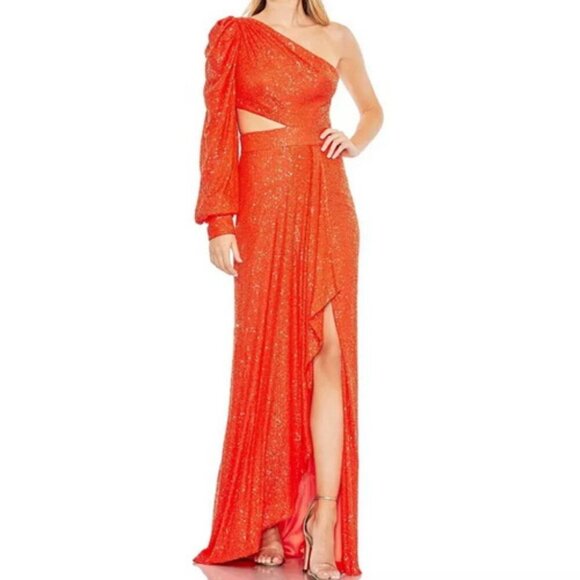 Ieena Mac Duggal Tangerine Orange Sequin Cutout One-Shoulder Gown